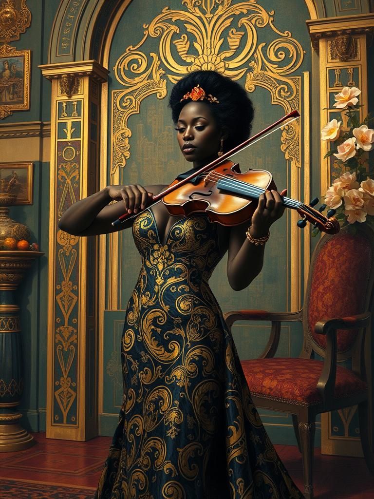 Black Woman Playing Violin in Klimt Art Nouveau Style