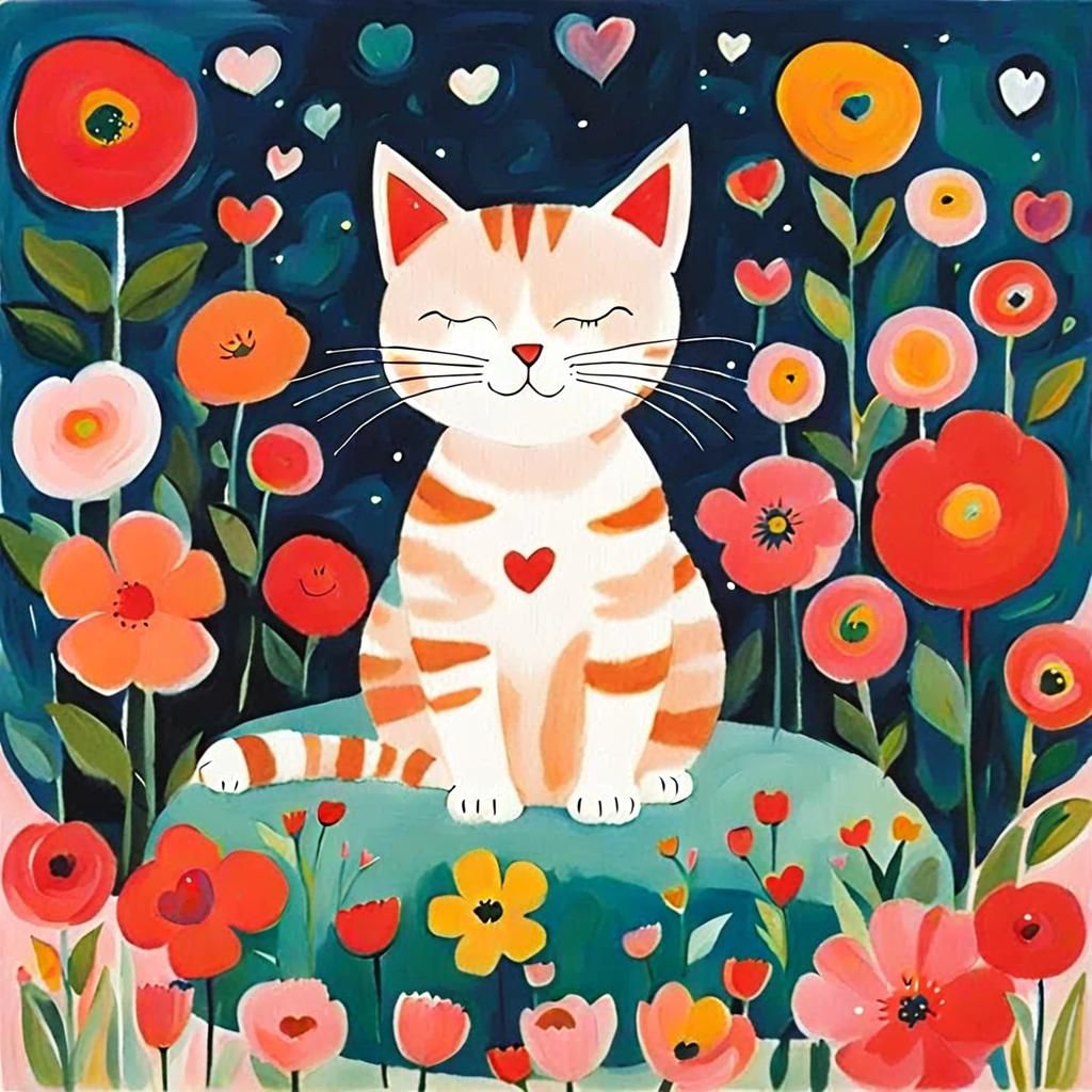 Cat on Pillow with Flowers Collage Illustration