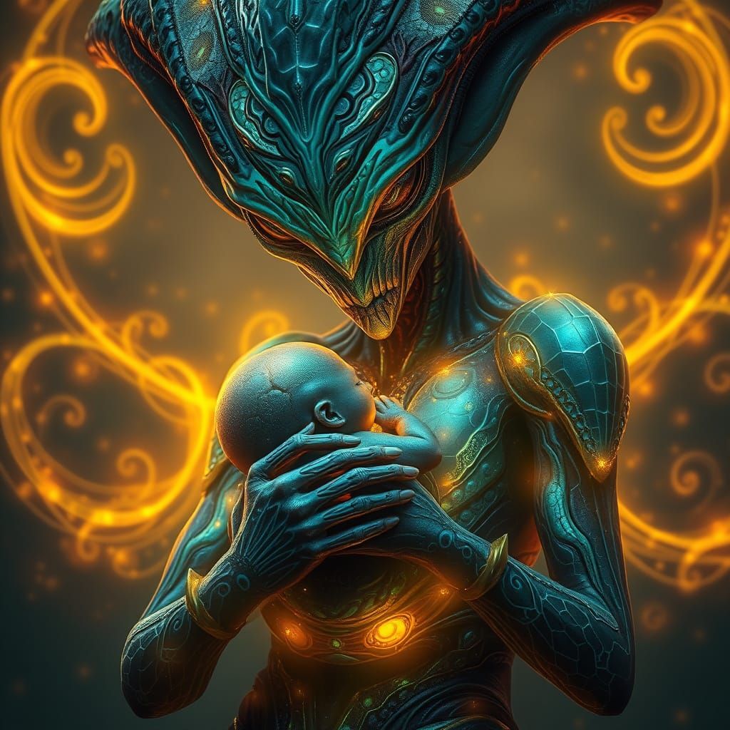 Regal Alien Matriarch Cradles Newborn in Ethereal, Biolumine...