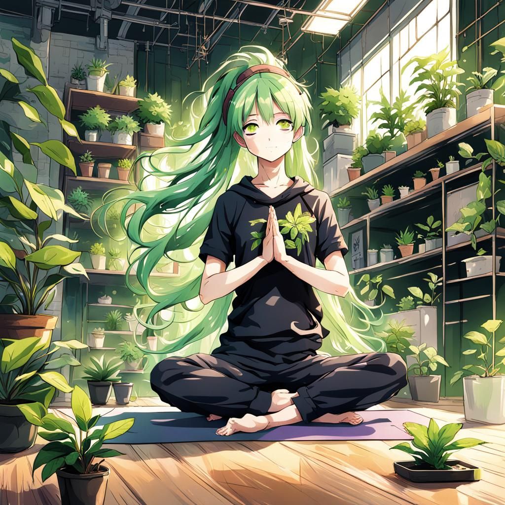 Anime Girl Doing Yoga in Urban Industrial Room
