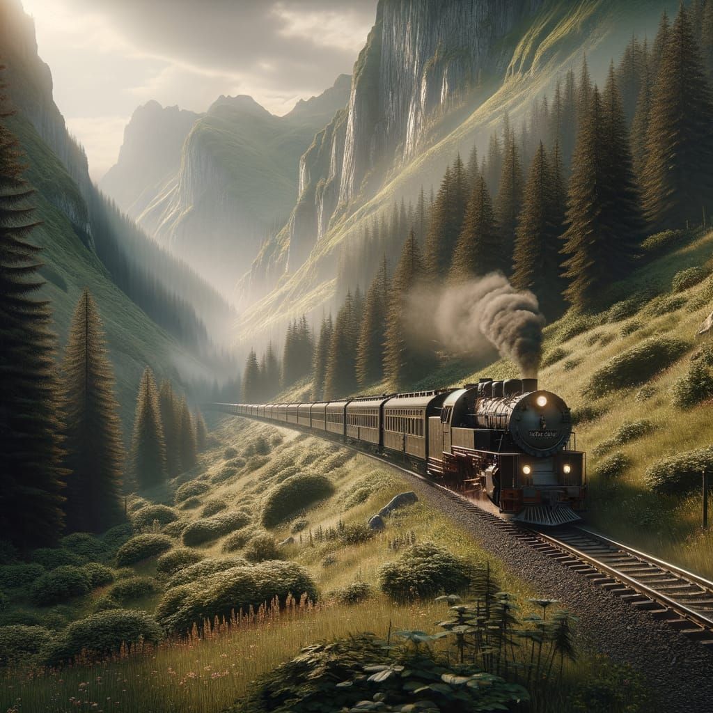 Vintage Train Journey Through Mountain Landscape