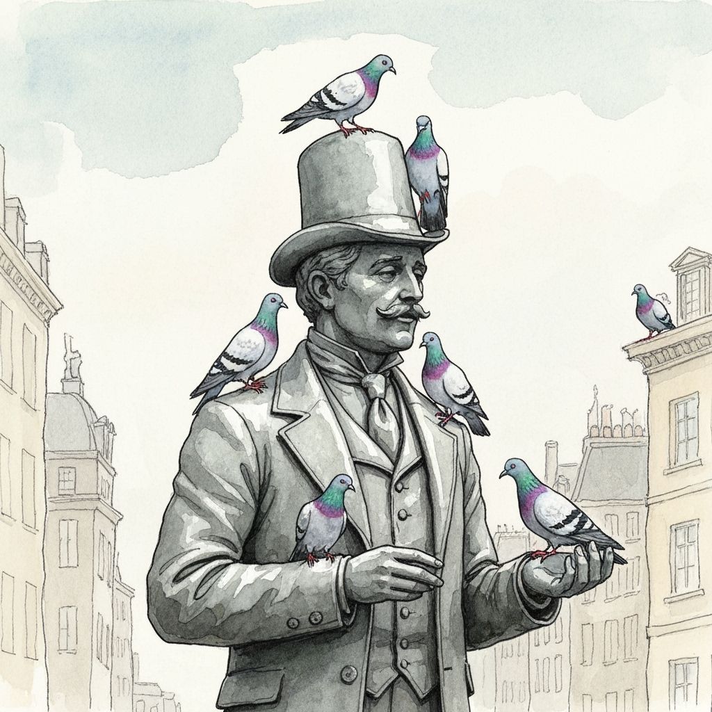 Victorian Gentleman Statue with Pigeons in Watercolor Style