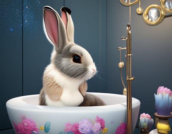 Chibi Kawaii Bunny in Bubble Bath, 3D Render
