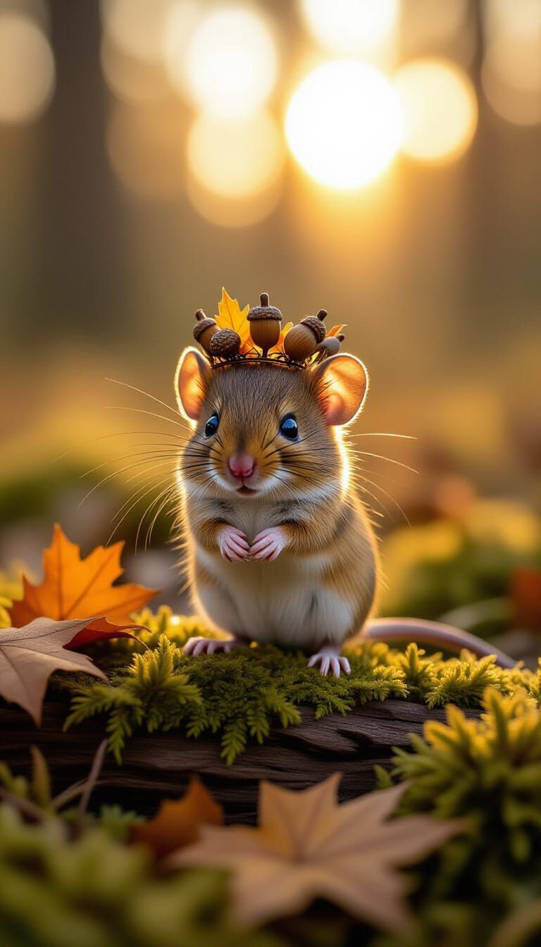 Tiny Mouse King in Autumn Forest Clearing