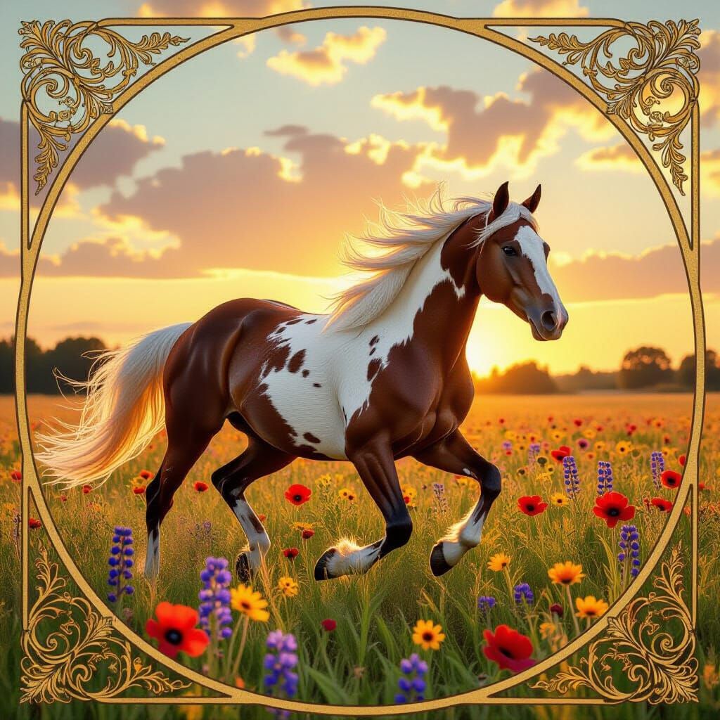 Appaloosa Horse Gallops Through Wildflowers, Art Nouveau Sty...