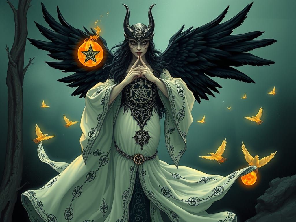 Raven Witch Casting Spell in Art Nouveau Style