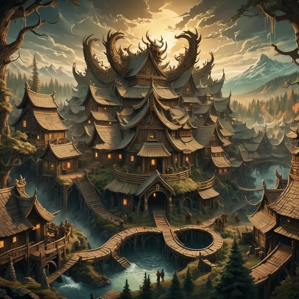 Viking Age Valhalla Encircled by World Serpent