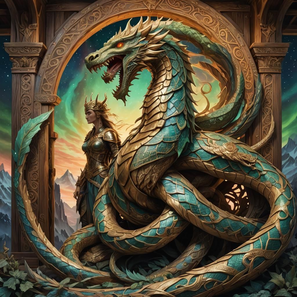World Serpent Wraps Wooden Valhalla: Surreal Norse Art
