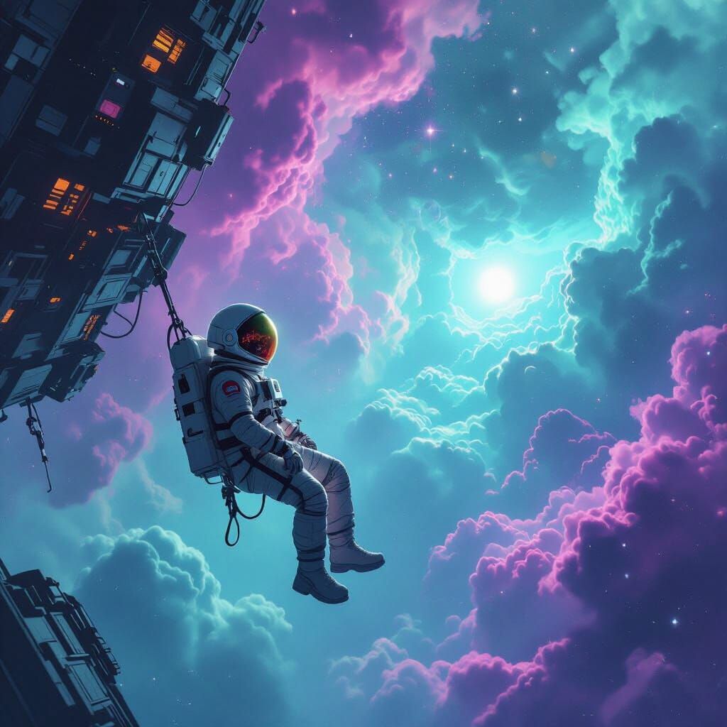 Astronaut Adrift in Cosmic Void Near Alien Station