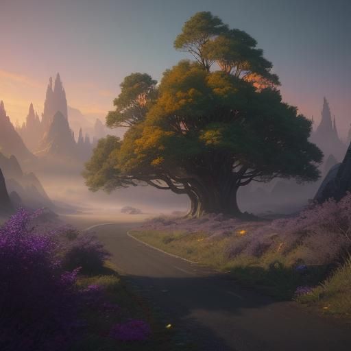Car on Mystical Forest Road at Sunset