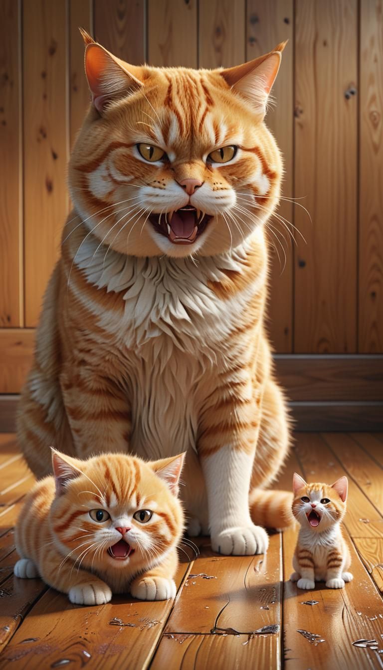 Angry Orange Cat and Kitten in 3D Rendering