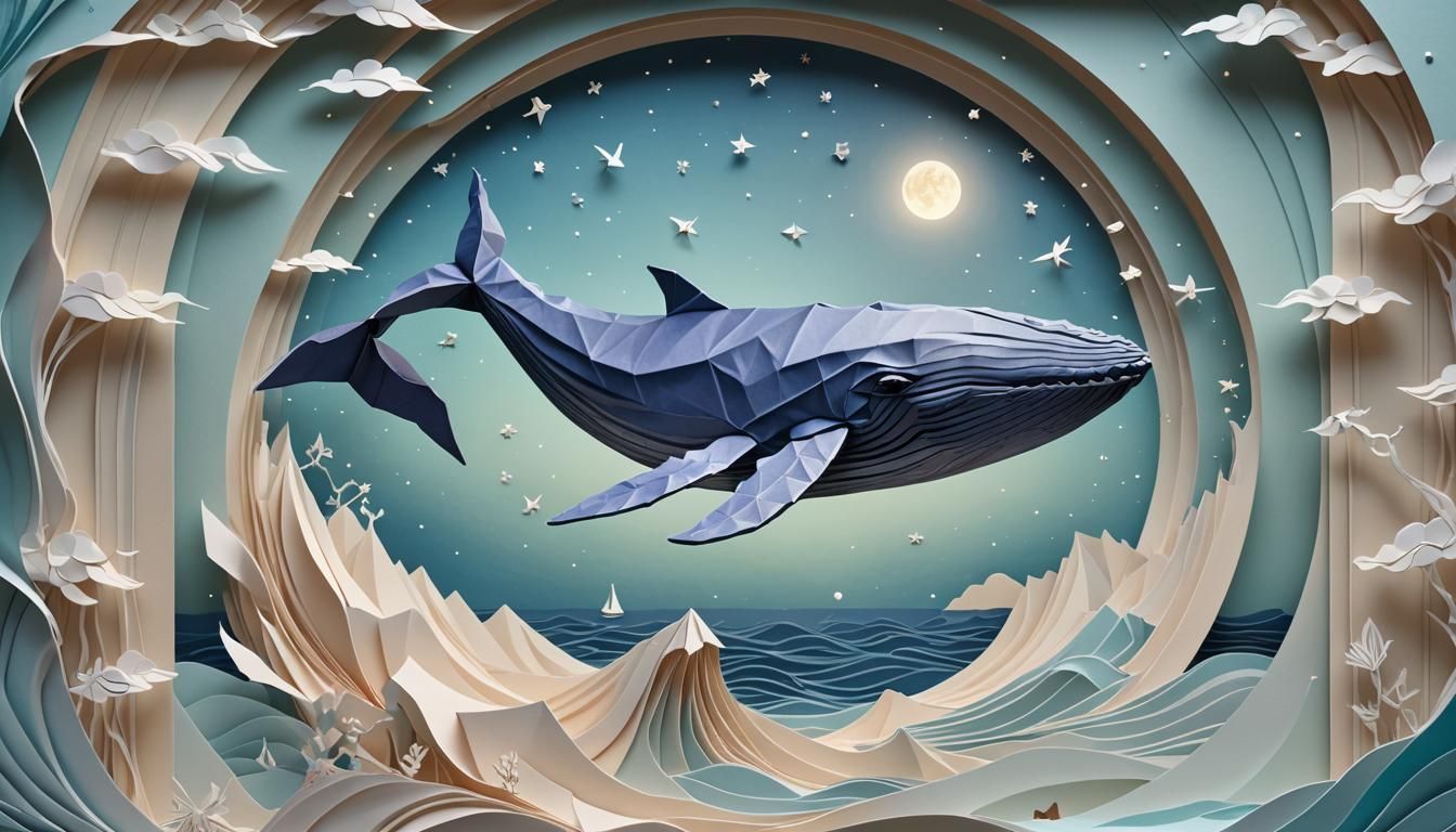 Origami Whale Leaping Through Moonlit Window