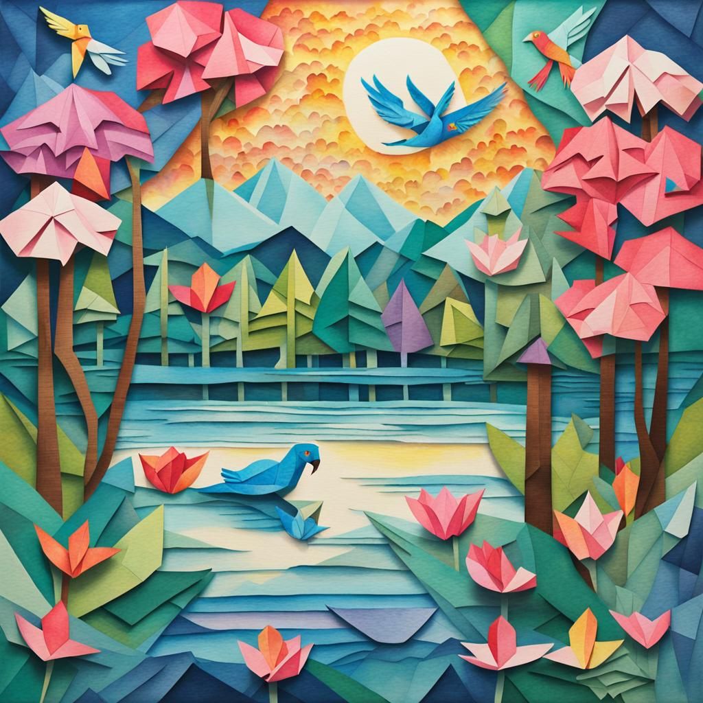 Vibrant Cubism Landscape with Zentangle and Origami