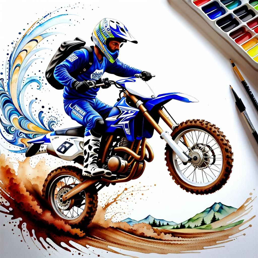 Motocross Rider on Yamaha: Watercolour and Ink Art
