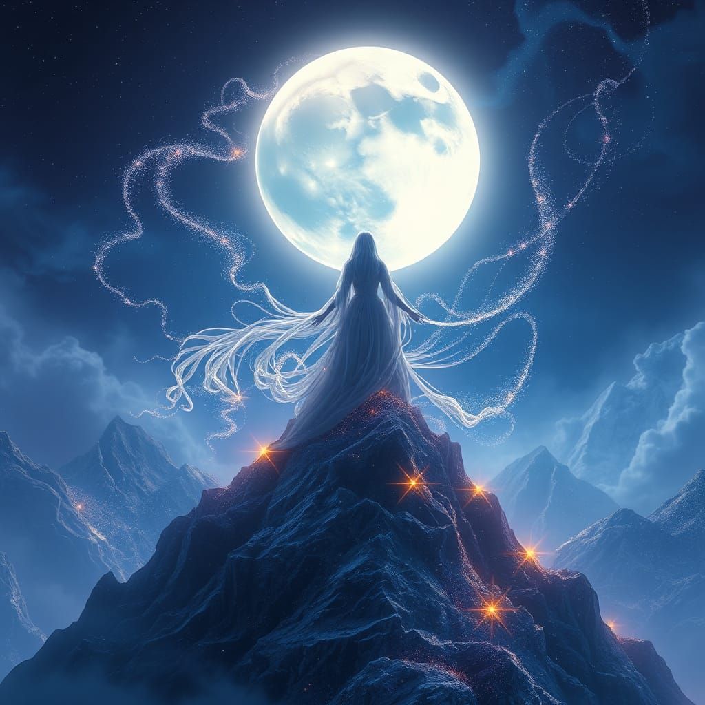 Mystical Sorceress Weaving Lunar Magic on Moonlit Mountain