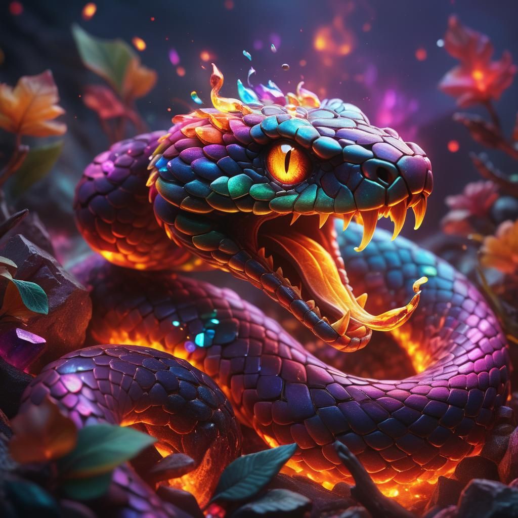 Rainbow Gemstone Fire Snake in Detailed Digital Art