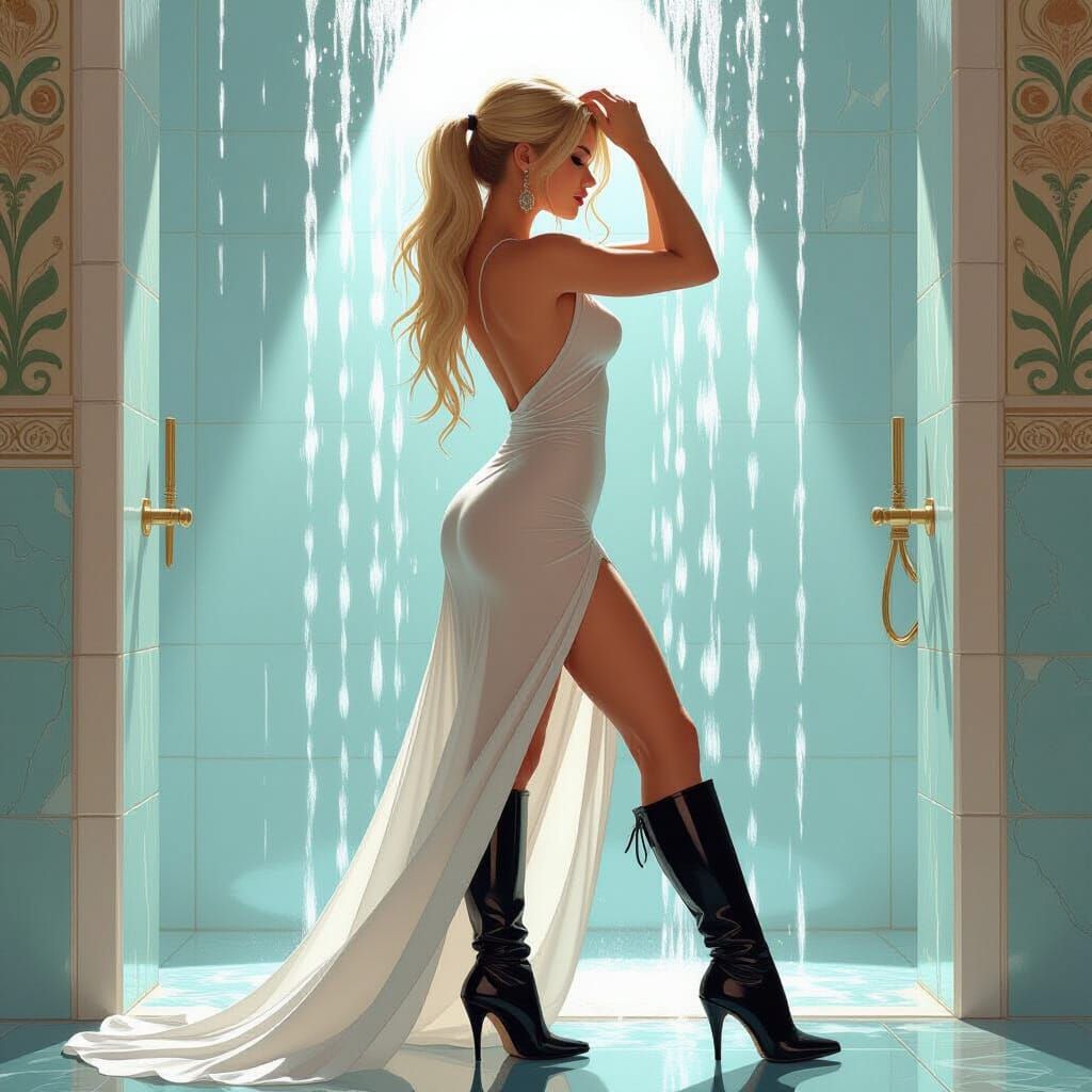 Woman Showering in Art Nouveau Futuristic Style