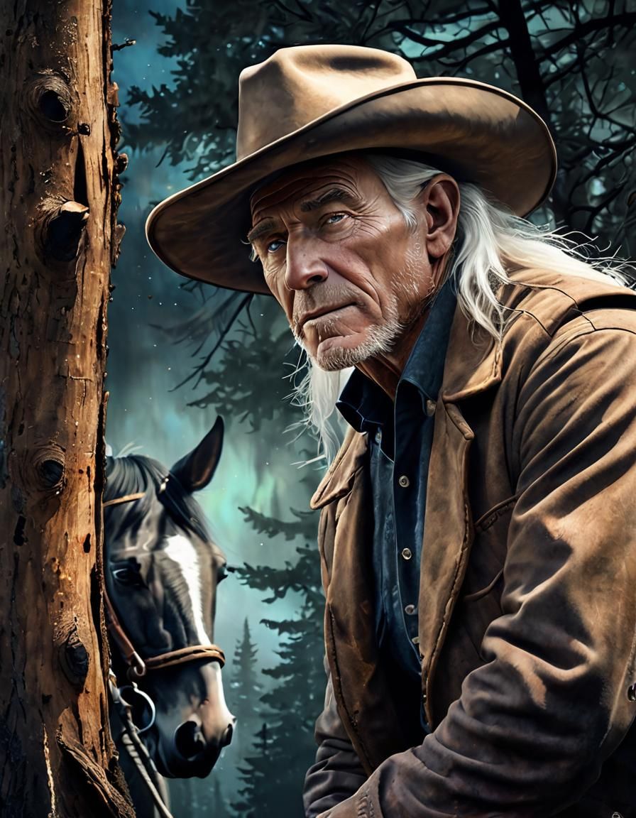 Cowboy and Horse in Tenebrism Watercolor Art