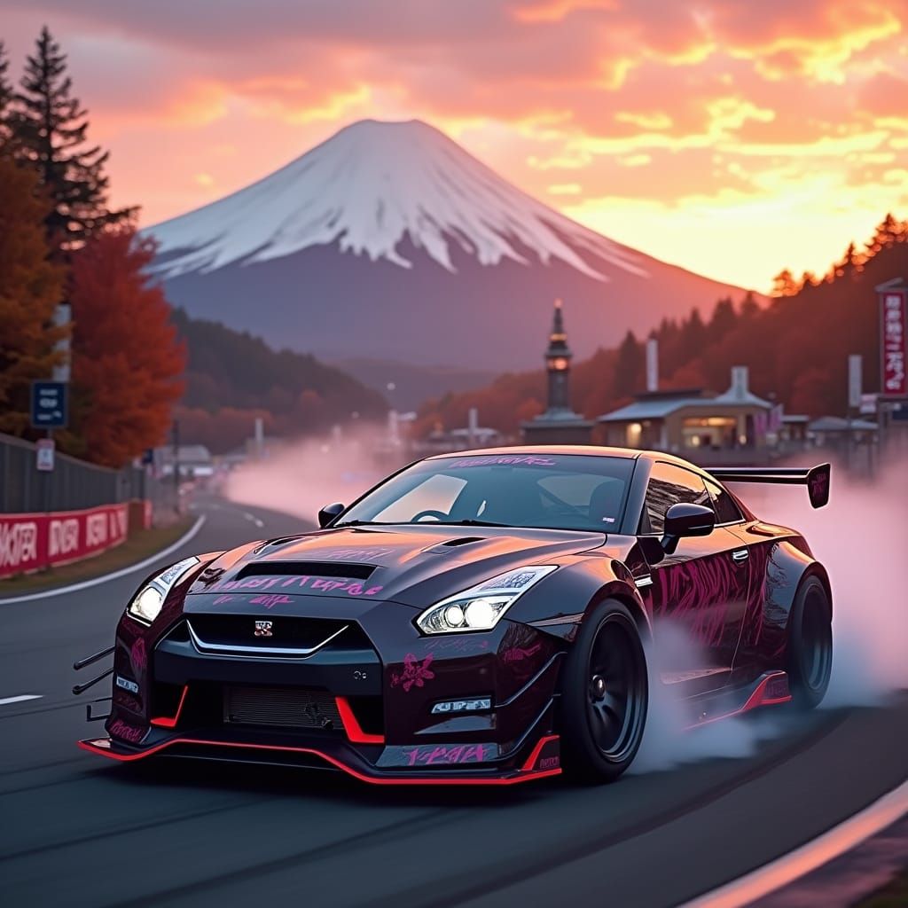 Modified Nissan GT-R R35 and Toyota Supra MK5 in Mid-Drift o...