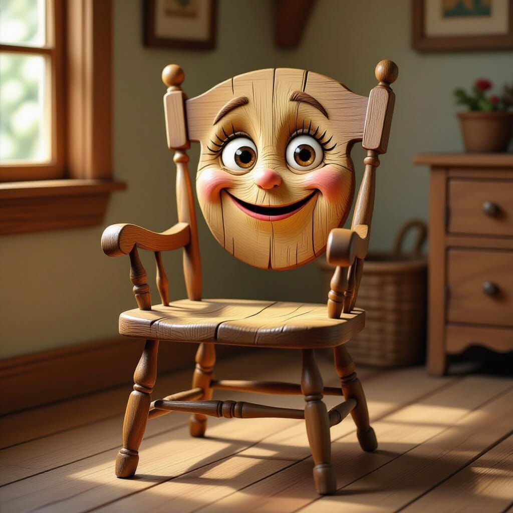 Whimsical Wooden Chair with Shy Smile Illustration