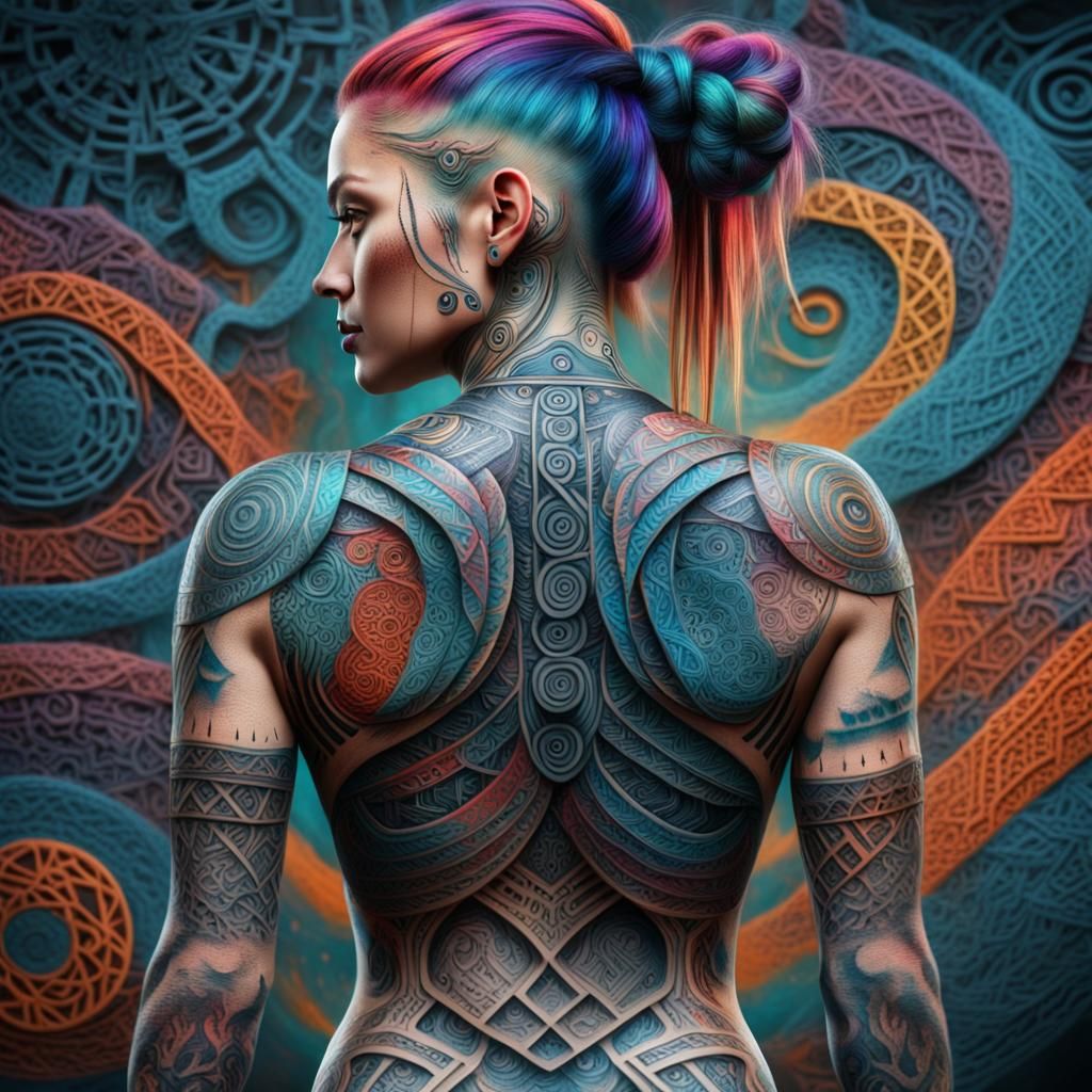 Tattooed Woman's Back with Viking Runes in 3D