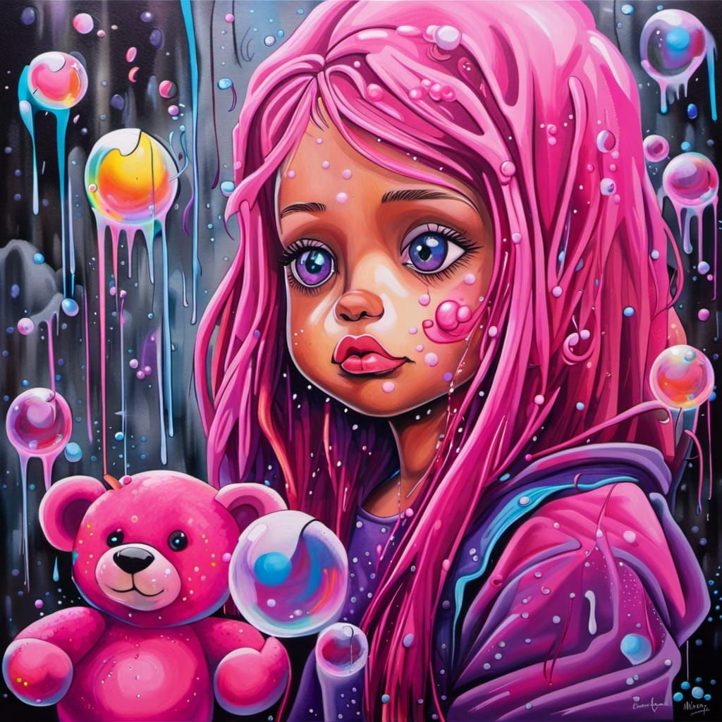 Sad Girl with Teddy Bear in Graffiti Art Style