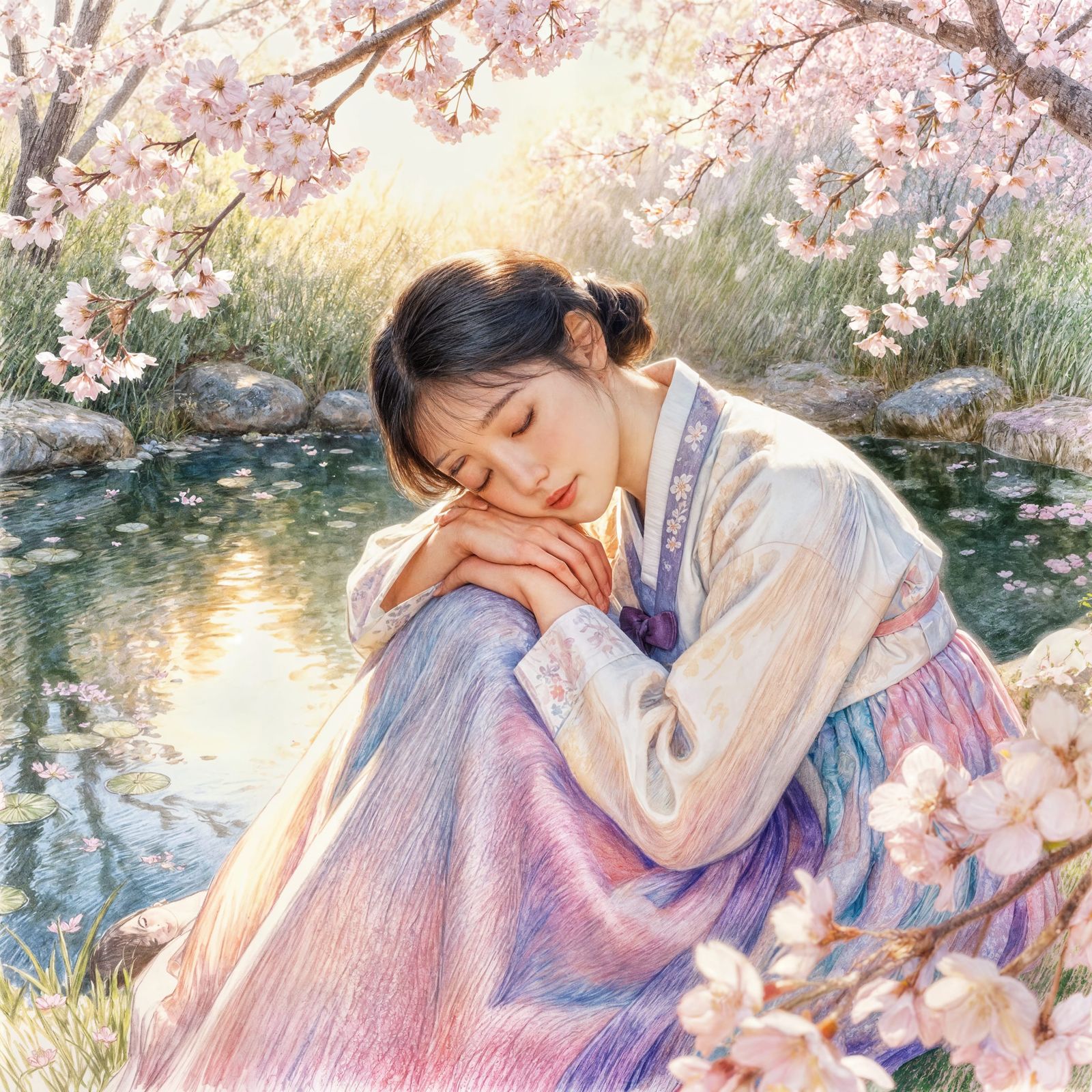Korean Manhwa Portrait of Woman by Pond