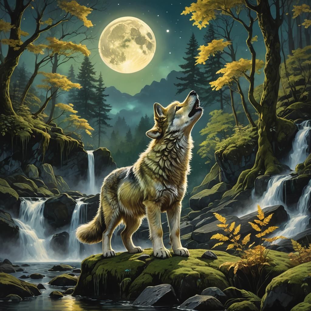 Luminous Wolf Cub Howling in Moonlit Forest