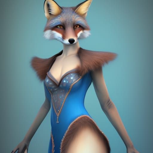 Anthro Fox in Blue Dress: Fantasy Concept Art