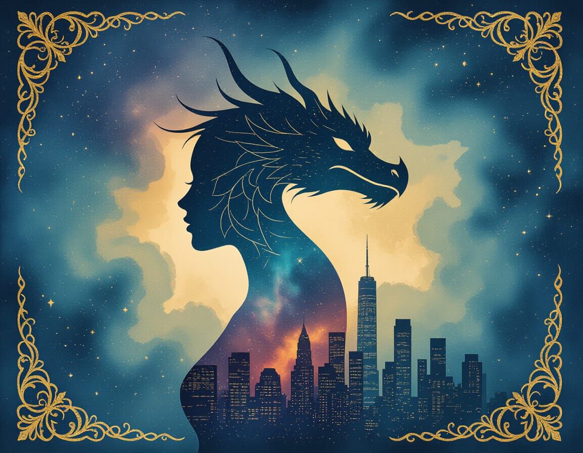 Dragon and Cityscape Double Exposure in Watercolor