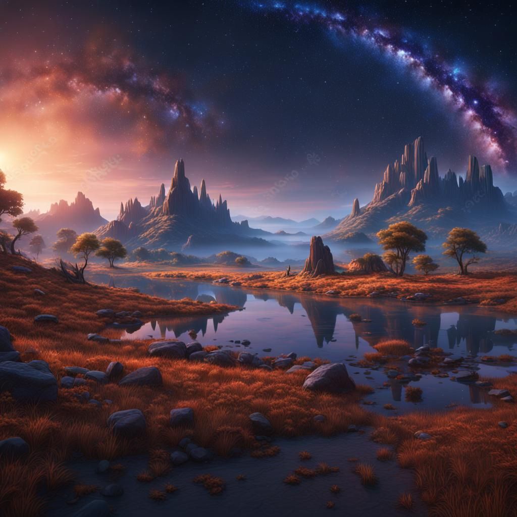 Fantastical Starry Sky Landscape in Detailed Matte Painting