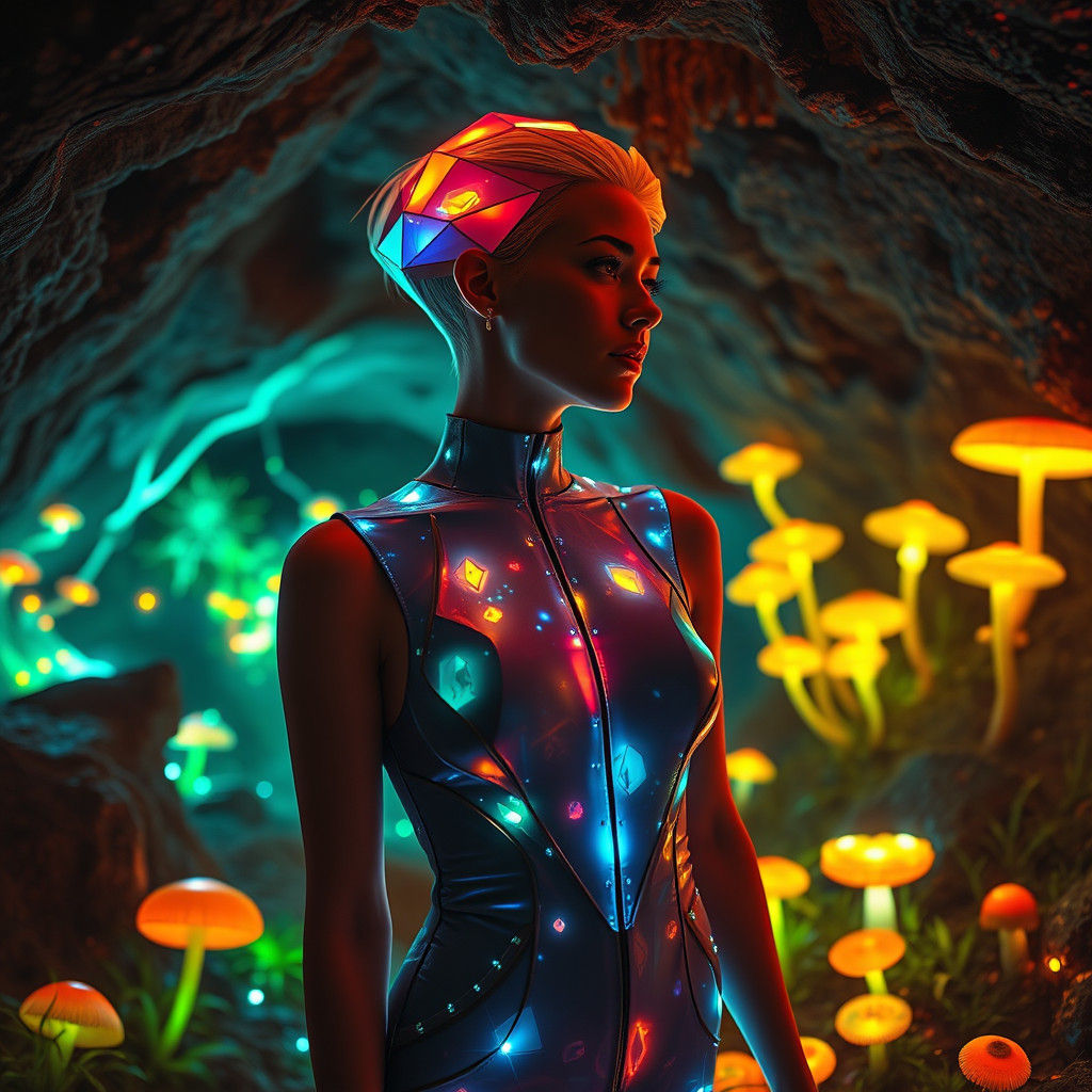 Bioluminescent Bauhaus Jumpsuit in Subterranean World