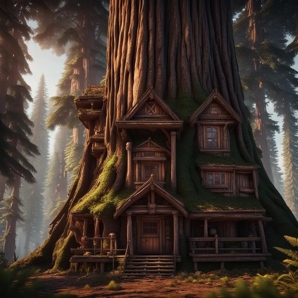 Township in Redwood Forest: Hyperrealistic Unreal Engine Ren...