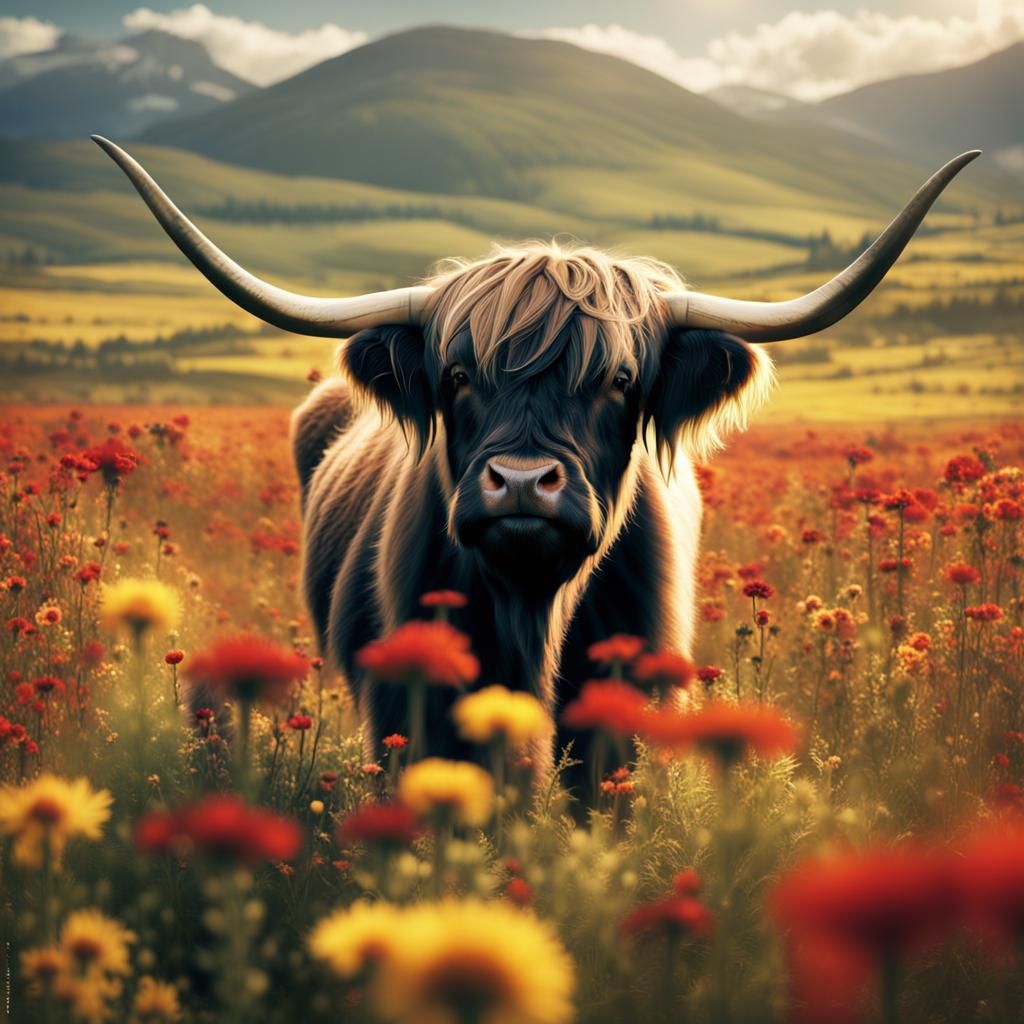 Plaid Highland Cow in Plaid Flower Field