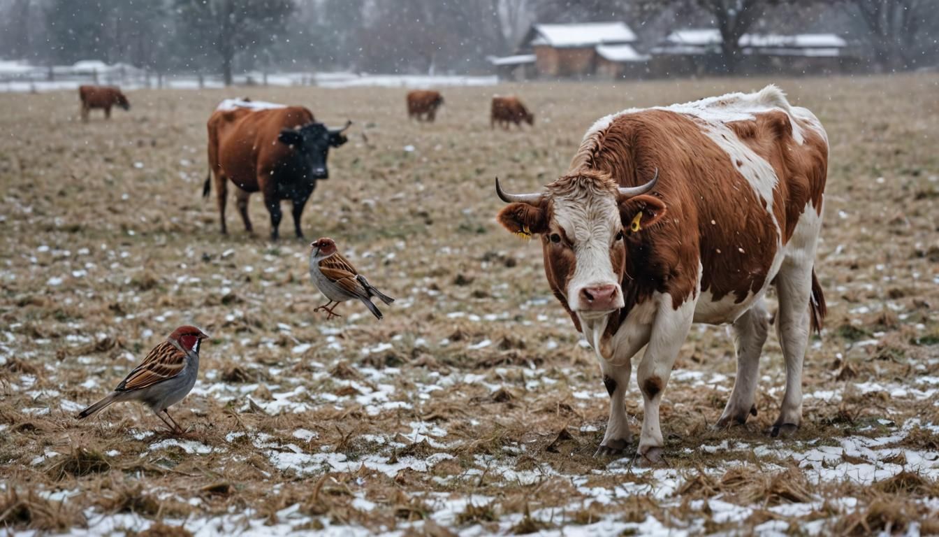 Sparrow and Cow in Winter Snow