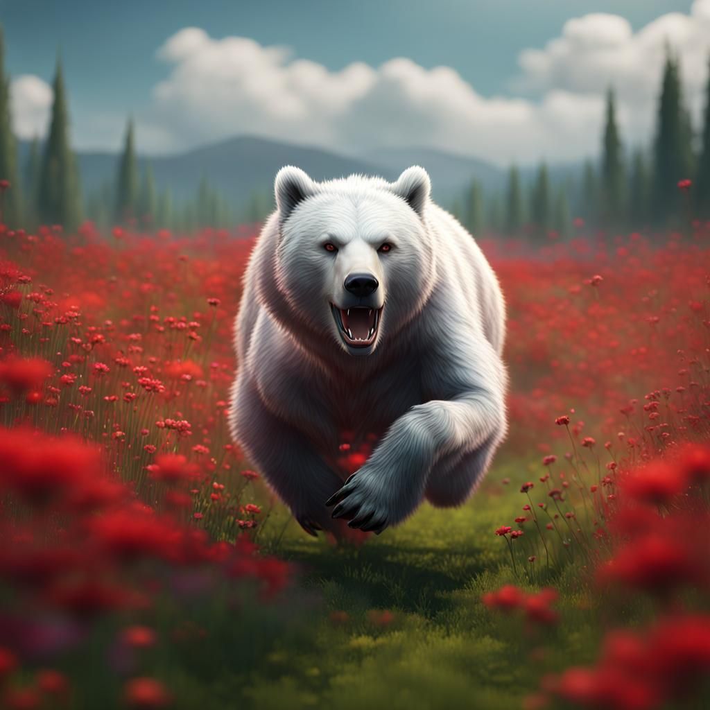 White-Haired Bear in a Lush Flower Field