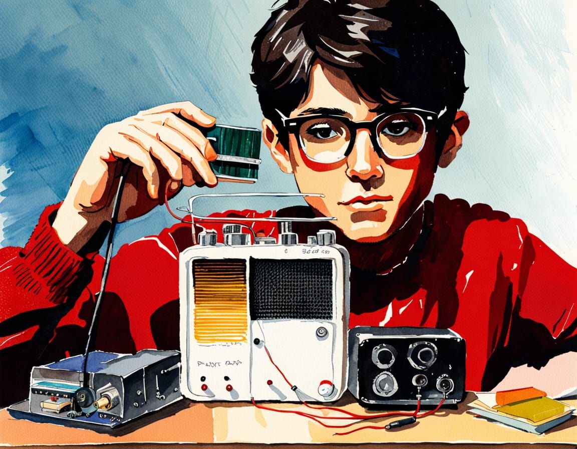 Teenager Builds a Radio: Watercolor Illustration