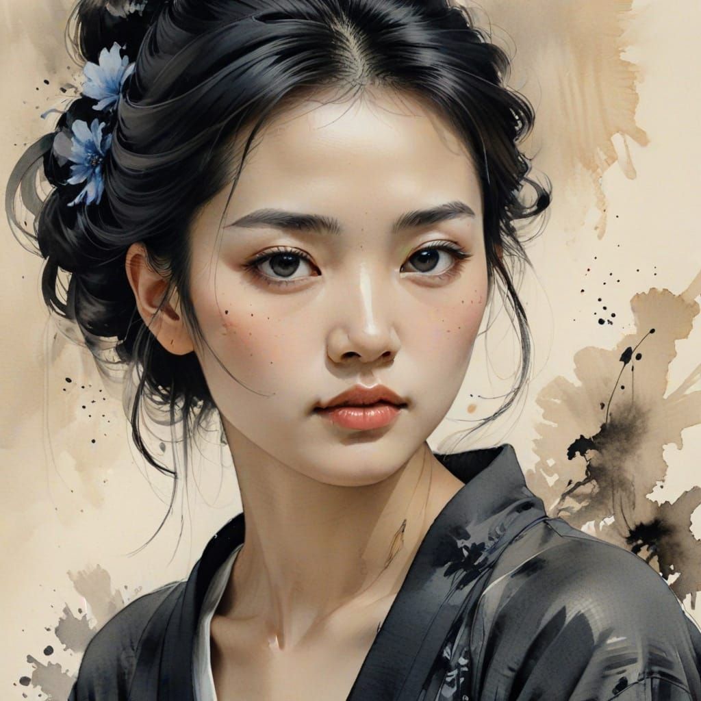 <lora:Painting Intensity:1.0> delicate ink-drawn portrait of a serene woman, her gaze thoughtful and timeless. Flowing s...