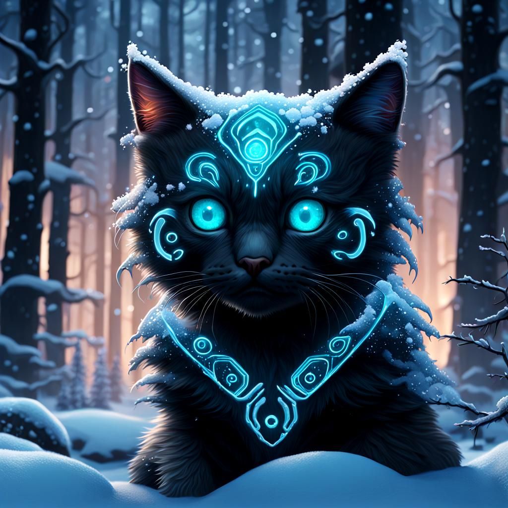 Bioluminescent Alien Kitten in Snowy Forest, Matte Painting