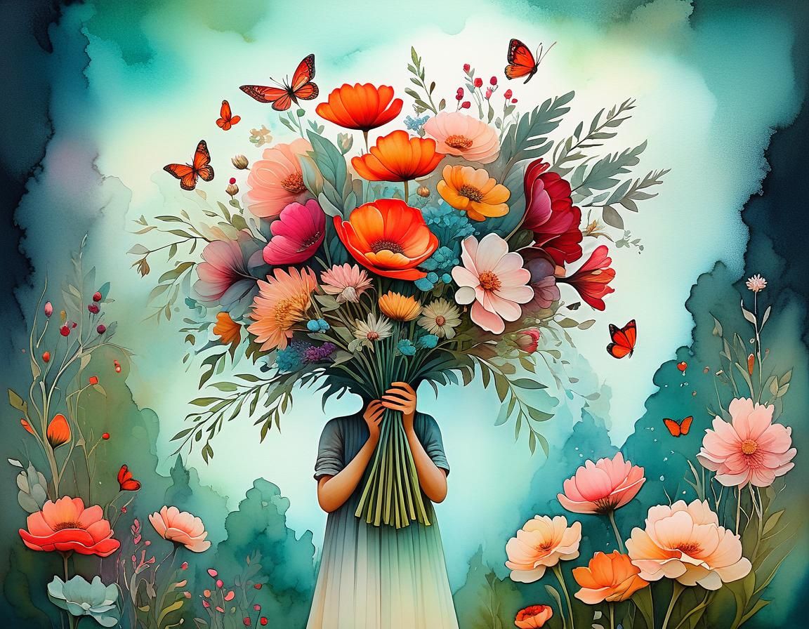 Girl with Flower Bouquet in Magical Garden