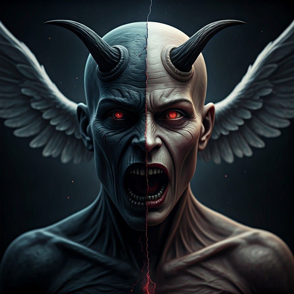 Nightmares Versus Dreams; SPLIT; uHD photorealism; screaming demon; smiling Angel