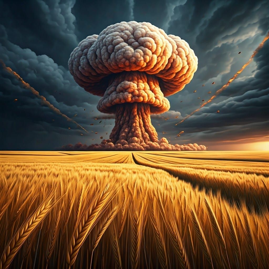 Mushroom Cloud Over Wheat Field: Cinematic Digital Painting