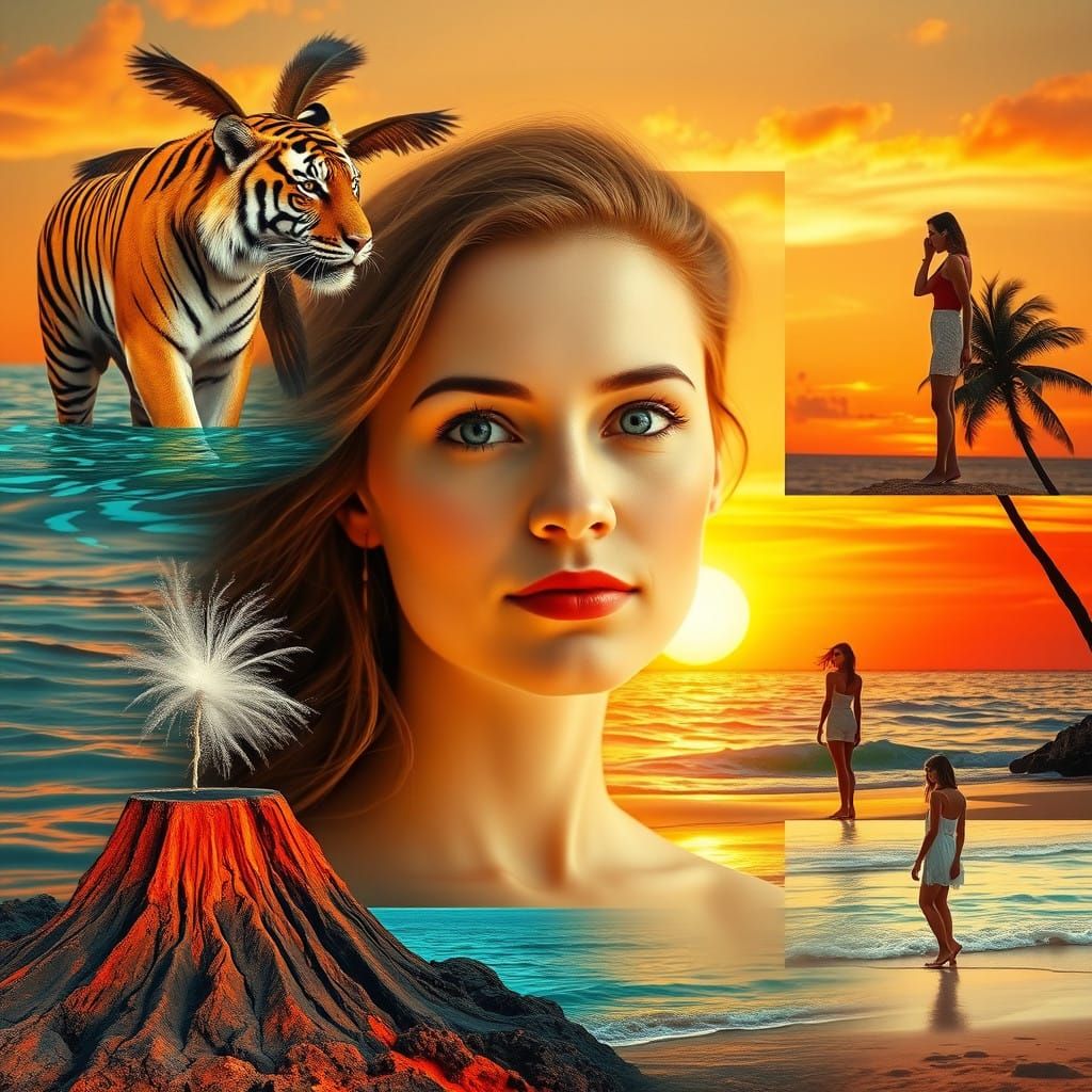 Surreal Collage: Dreamlike Scene with Blended Faces and Vibr...
