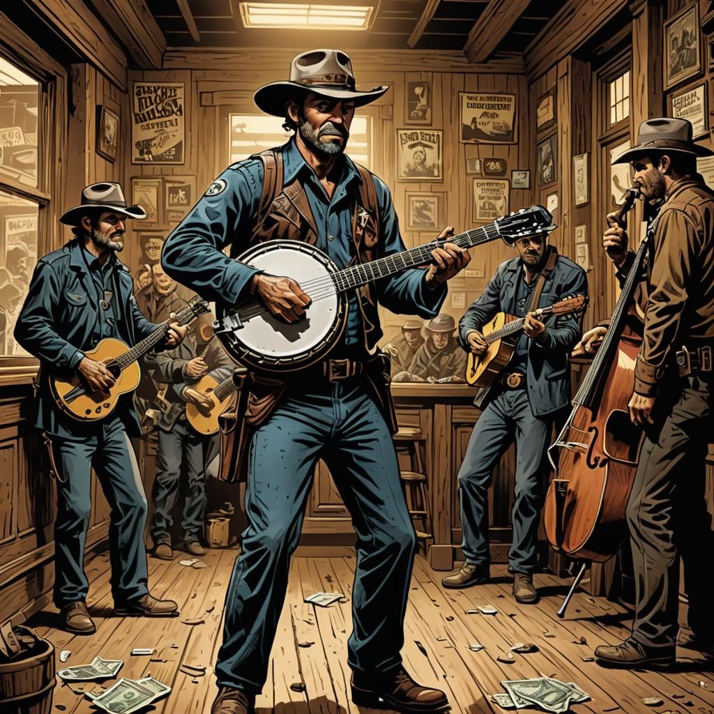 Bank Robber's Banjo: A Western Comic Book Scene