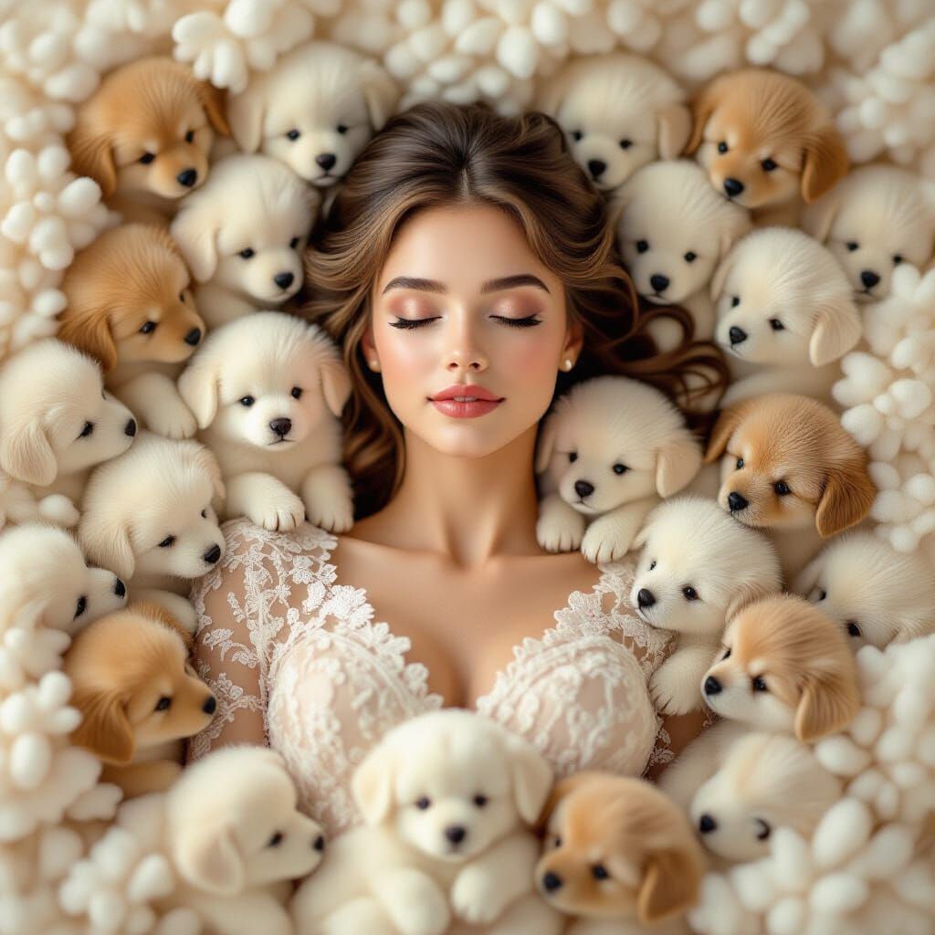 Elegant Woman Amidst Fluffy Puppies in Golden Hour Light