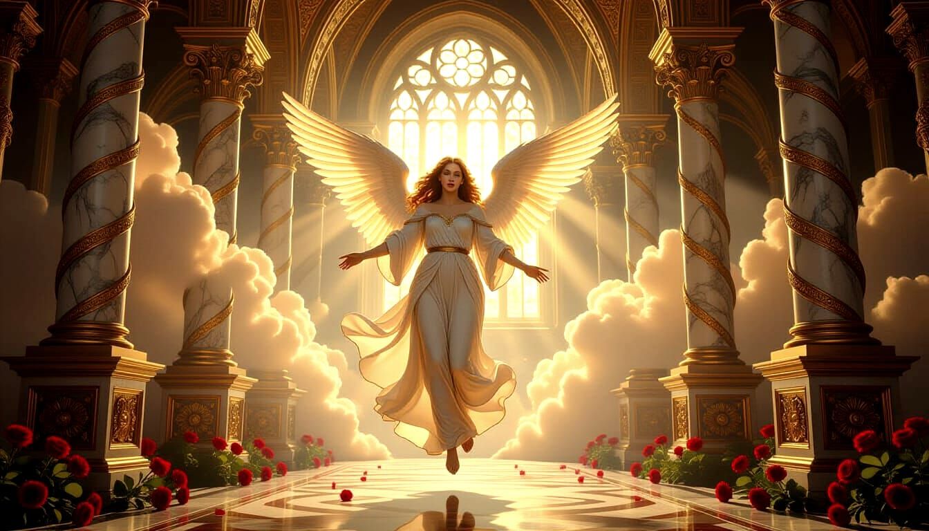Baroque Angel in Golden Light and Swirling Clouds