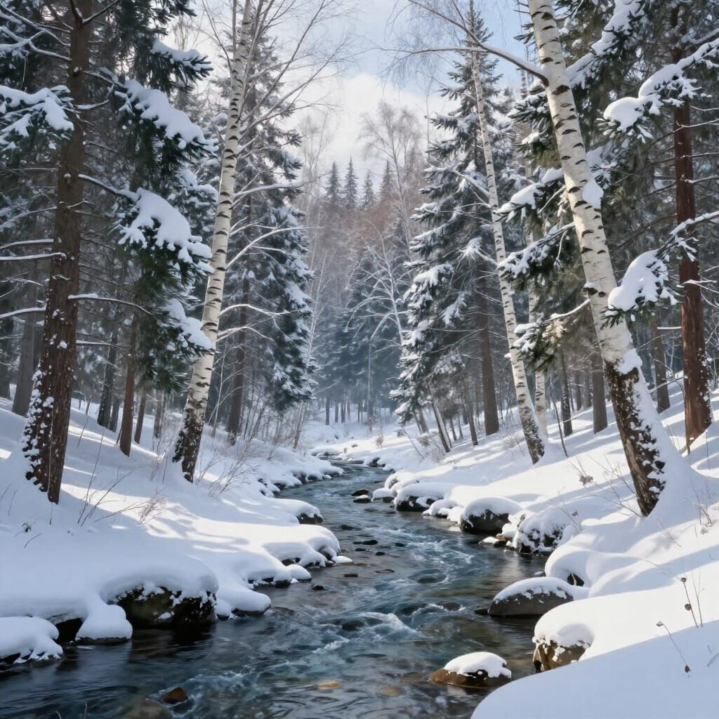 Snowy Forest Landscape with Stream in 3D Anime Style