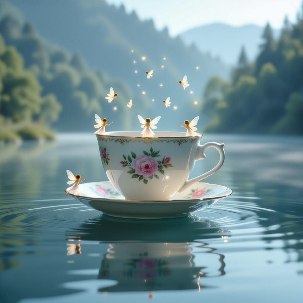 Giant Teacup Floats on Serene Lake with Fairies