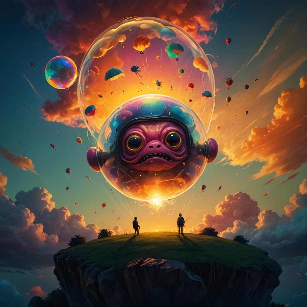 Cute Monster Dreams of Skydiving: Digital Art Sunset