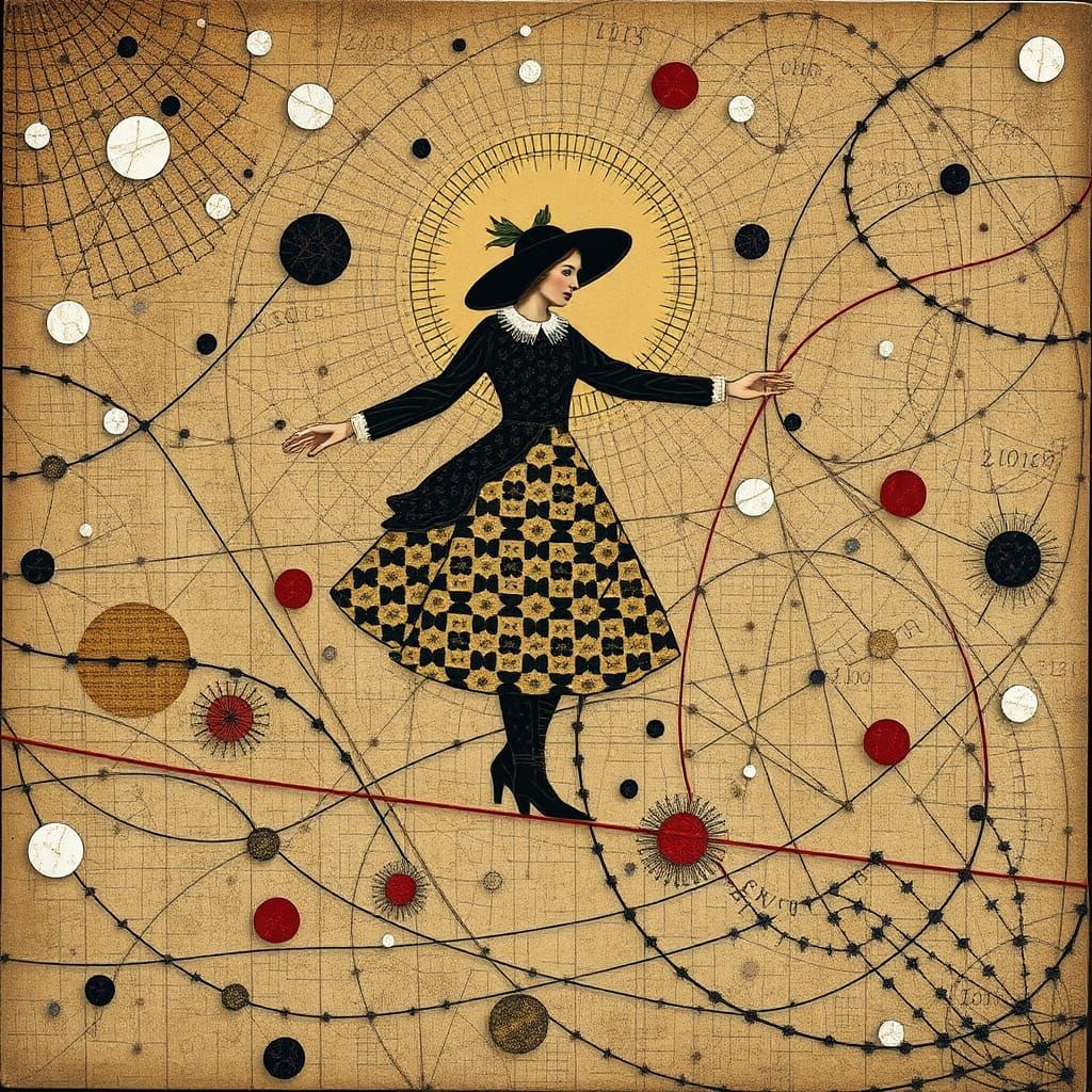 Avant-Garde Portrait of Tightrope Walker in Collage Style